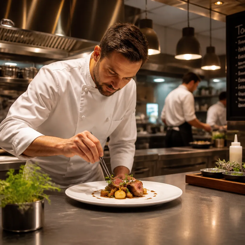 Sternekoch bereitet in moderner Restaurantküche ein Gourmet-Gericht zu