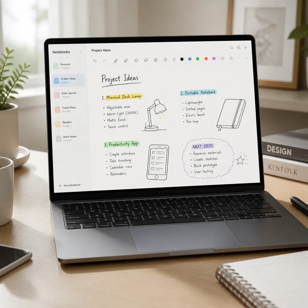 Laptop zeigt digitale Notizbuch-Oberflaeche von Goodnotes Web im Browser
