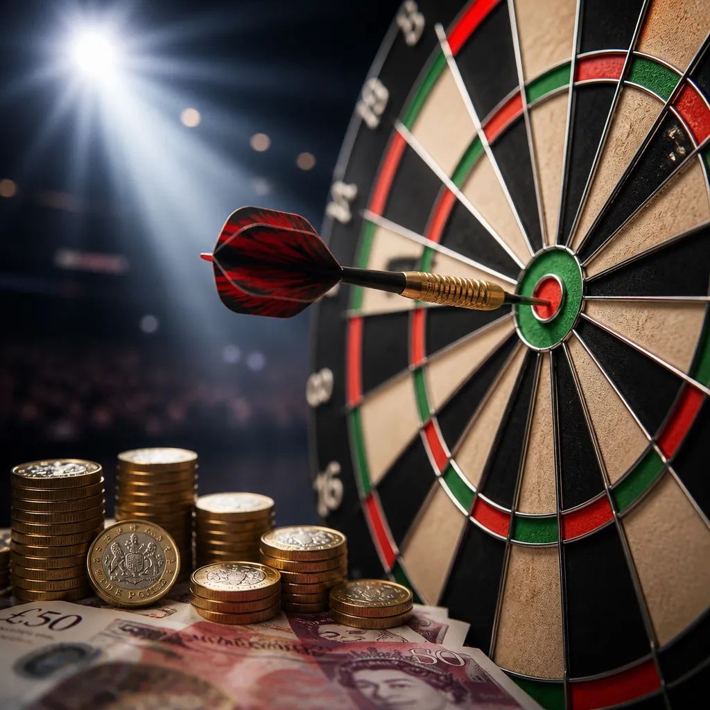 Dartpfeil trifft Bullseye, im Vordergrund unscharf gestapelte Geldscheine und Münzen