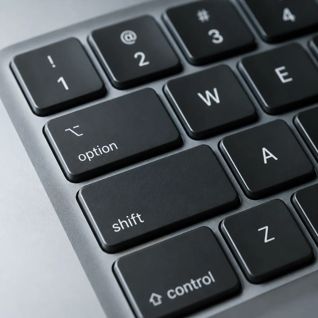 Nahaufnahme einer Mac-Tastatur mit Tasten für Sonderzeichen wie den Backslash
