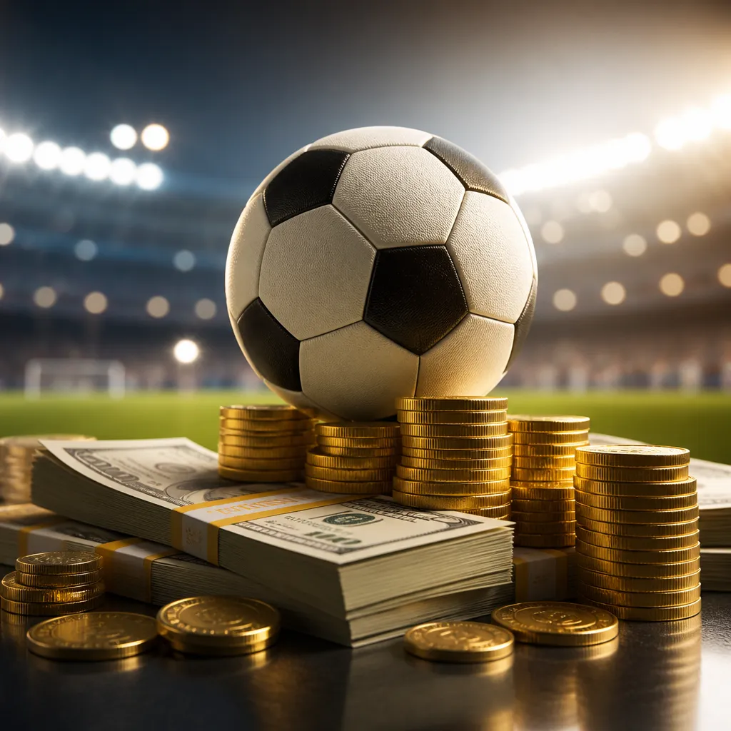Fußball auf einem Stapel Geldscheine und Münzen symbolisiert das Vermögen eines Fußballstars