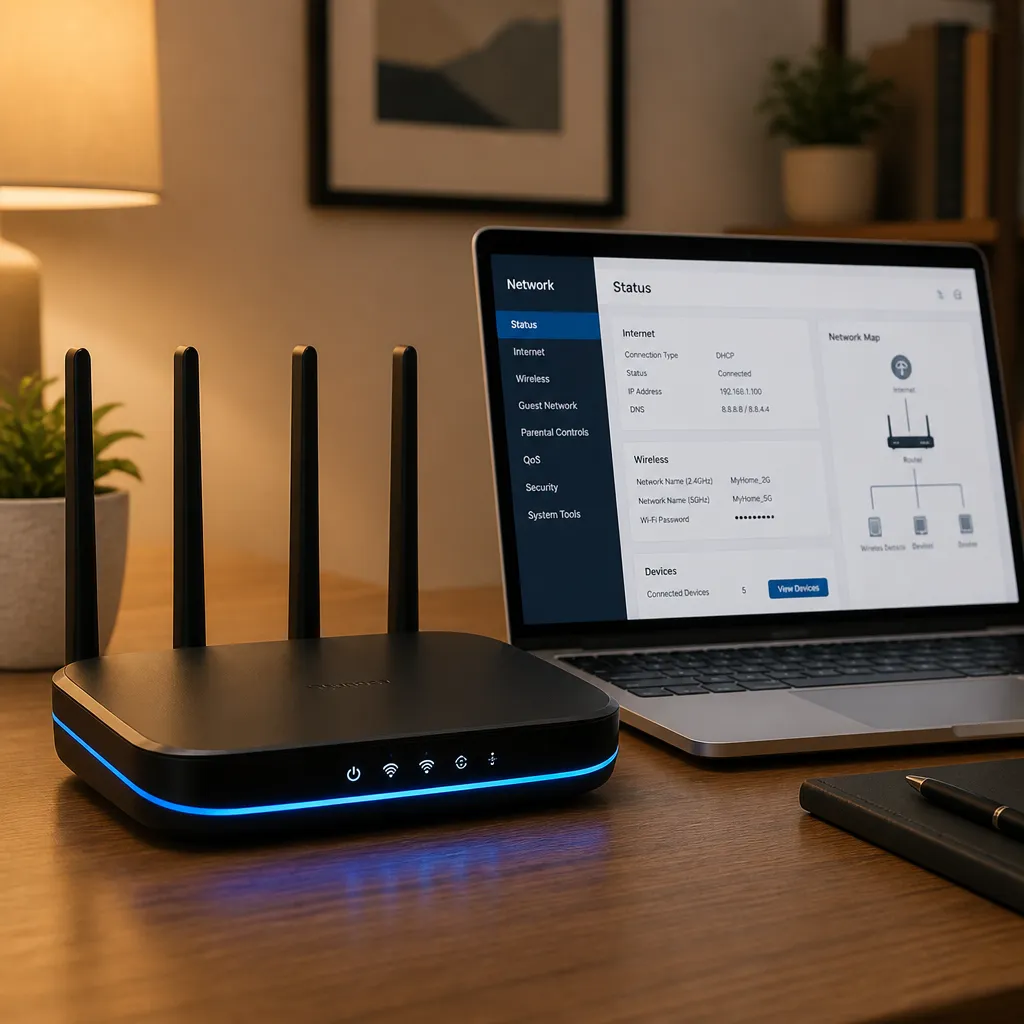 Router und Laptop mit Netzwerkeinstellungen für den fritz.box Login