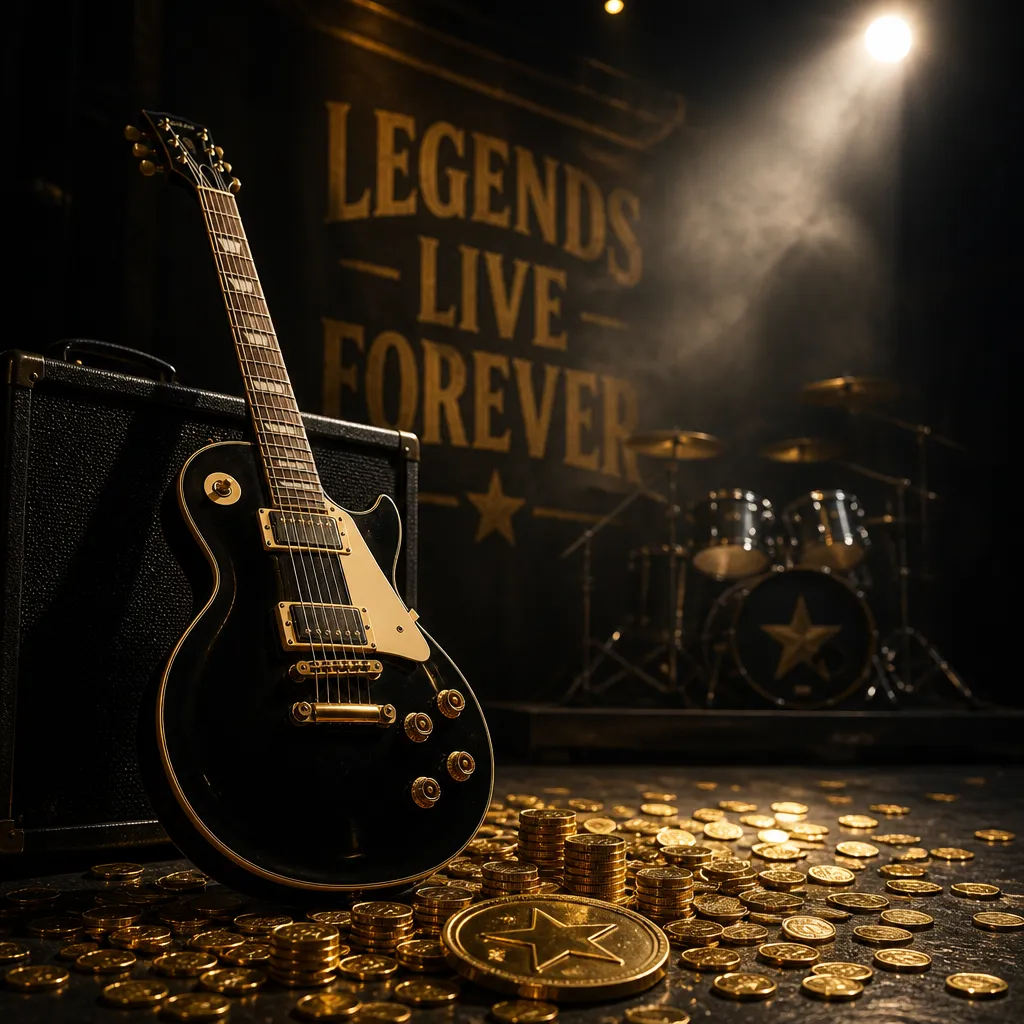 Bühnenszene mit E-Gitarre und Goldmünzen als Symbol für Rockstar-Vermögen