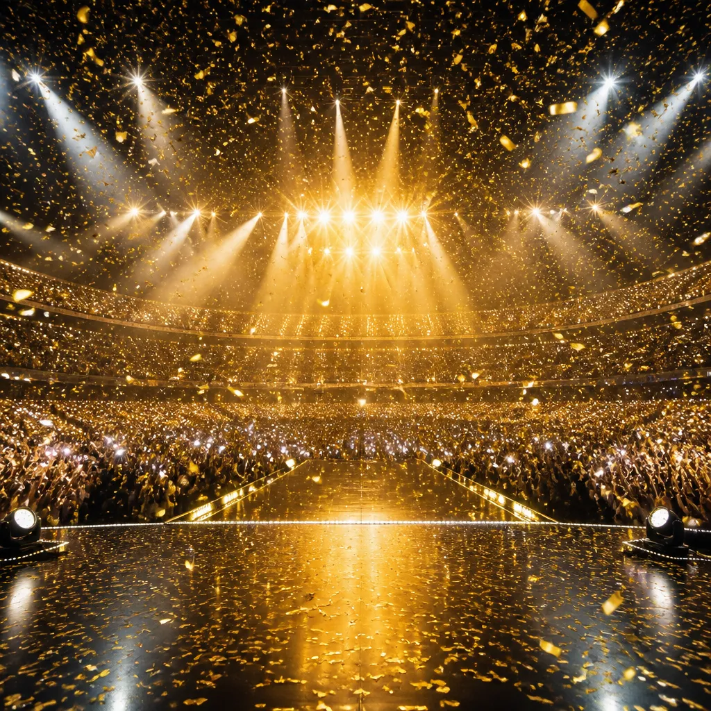 Konzertbuehne mit Scheinwerferlicht und Konfetti symbolisiert Einnahmen aus Live-Auftritten