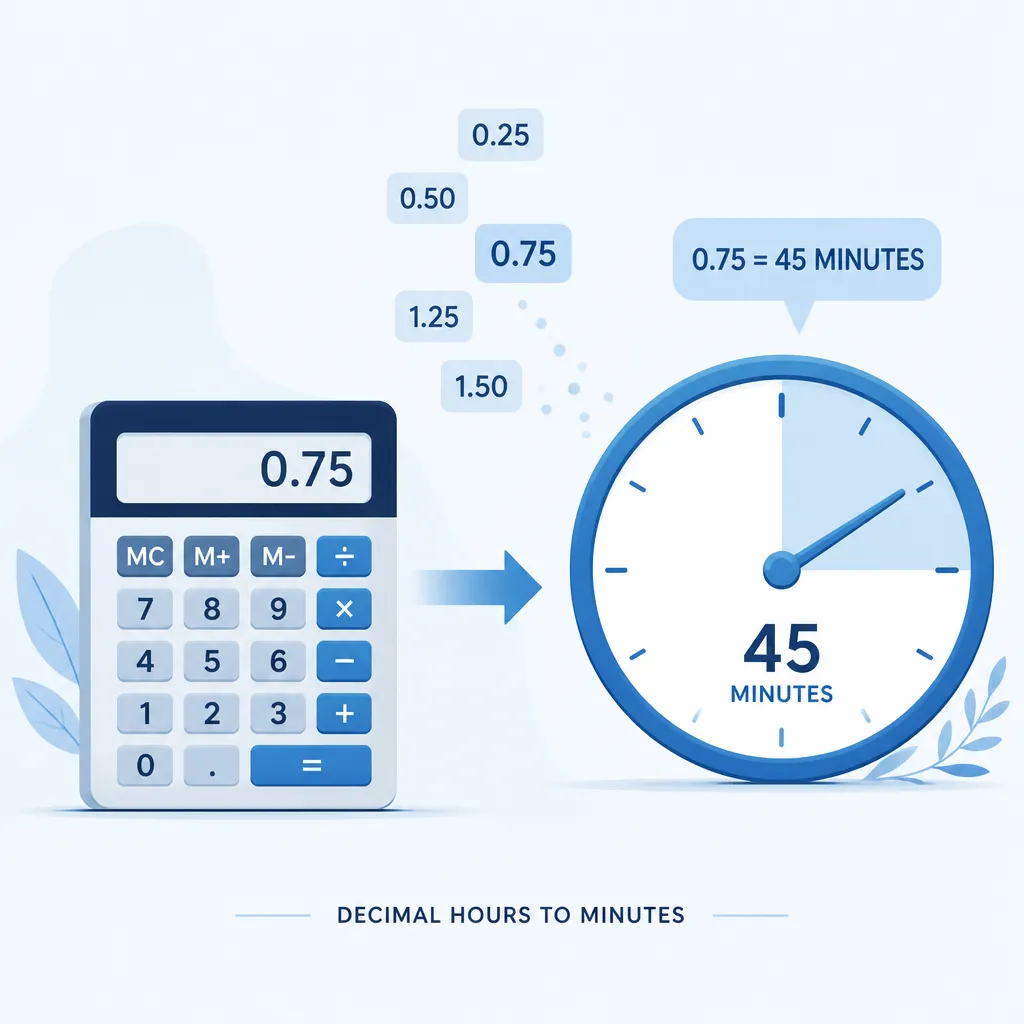 Illustration zur Umrechnung von Dezimalstunden in Minuten mit Uhr und Taschenrechner