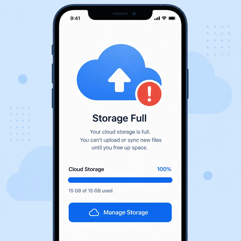 Smartphone zeigt Warnmeldung wegen vollem Cloud-Speicher mit Wolkensymbol