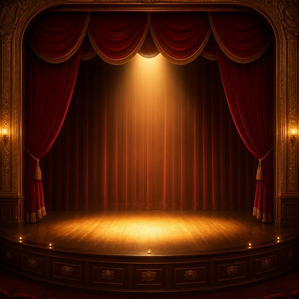 Leere Theaterbühne mit goldenem Scheinwerferlicht als Symbol für Vermächtnis und Vermögen der Kessler-Zwillinge