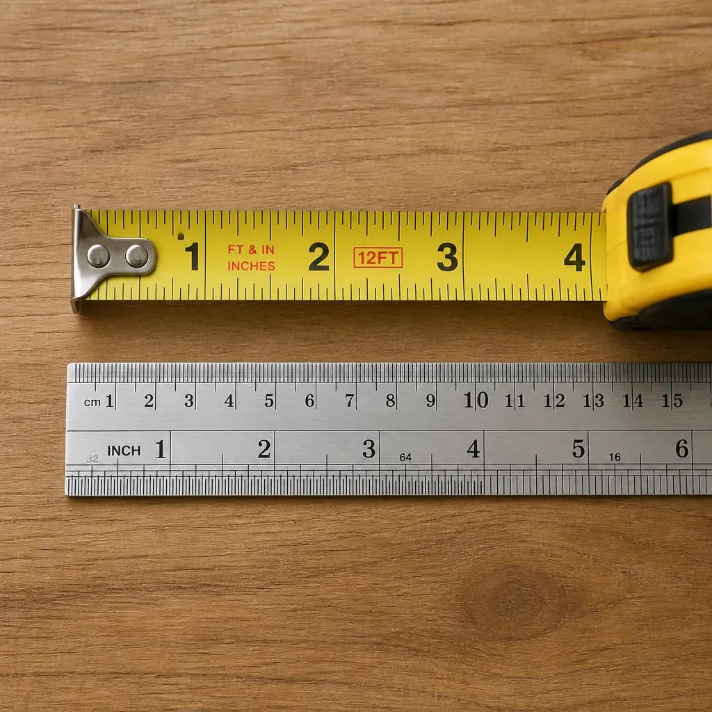 Maßband mit Inch- und Zentimeter-Skala nebeneinander auf Holztisch