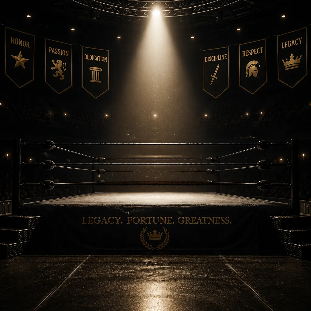 Leerer Wrestling-Ring im dramatischen Scheinwerferlicht als Symbolbild fuer Vermoegen und Erbe