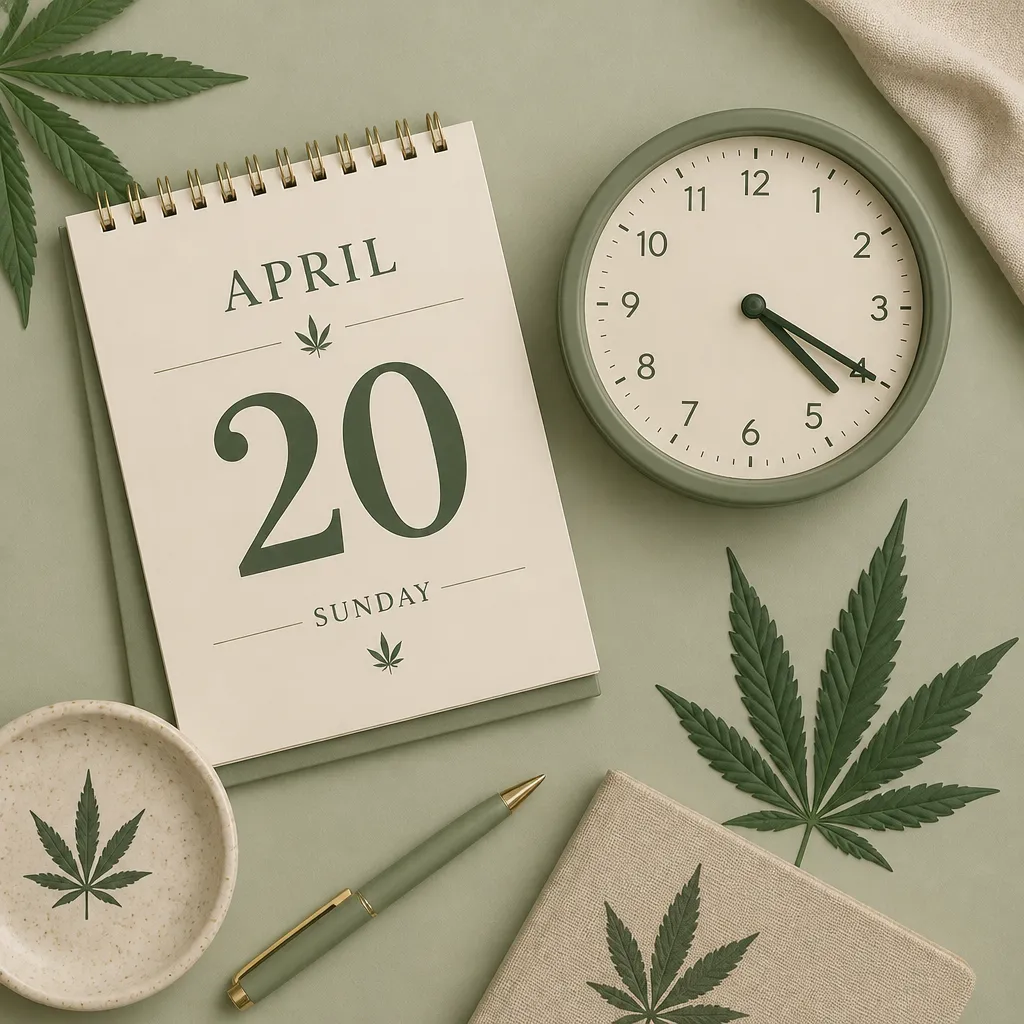 Symbolbild mit Kalenderblatt 20. April und Uhr auf 16:20 Uhr zur 420 Bedeutung in der Cannabis-Kultur