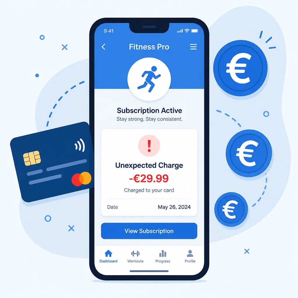 Smartphone mit Fitness-App und Kreditkarte symbolisiert unerwartete Abbuchung von Actitech Limited