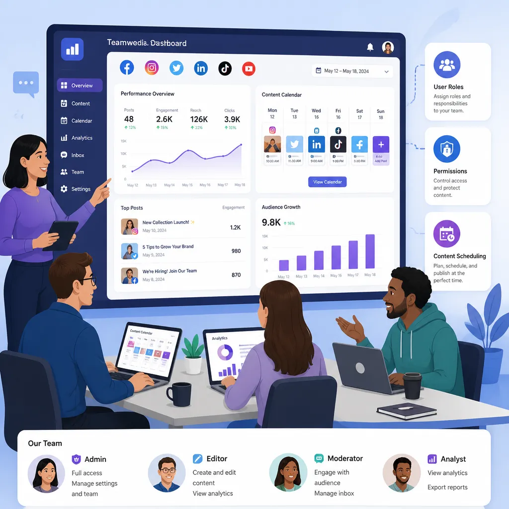 Team arbeitet gemeinsam an einem Social-Media-Dashboard mit Rollen und Rechten