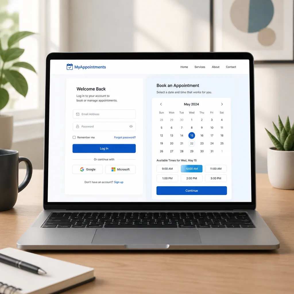 Laptop zeigt Login-Bildschirm einer Terminbuchungssoftware mit Kalenderansicht