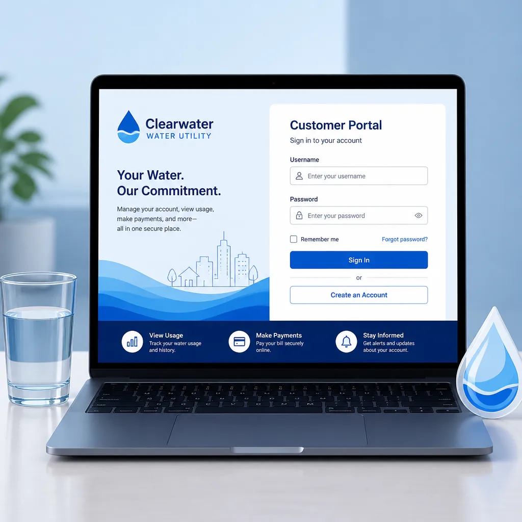 Laptop mit Login-Maske eines Kundenportals für Wasserversorgung und einem Glas Wasser daneben