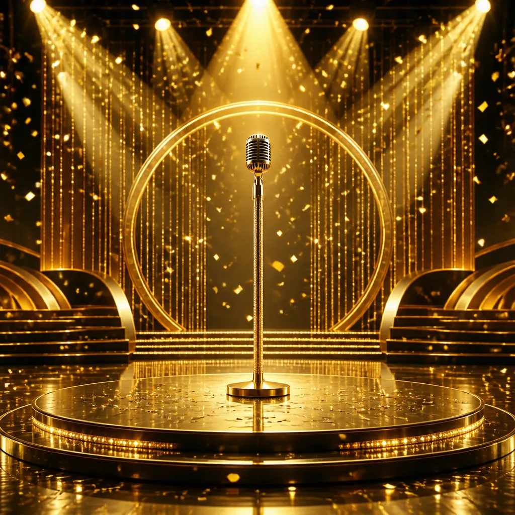 Glamouröse Konzertbühne mit goldenem Licht und Konfetti als Symbol für Beyoncés Vermögen
