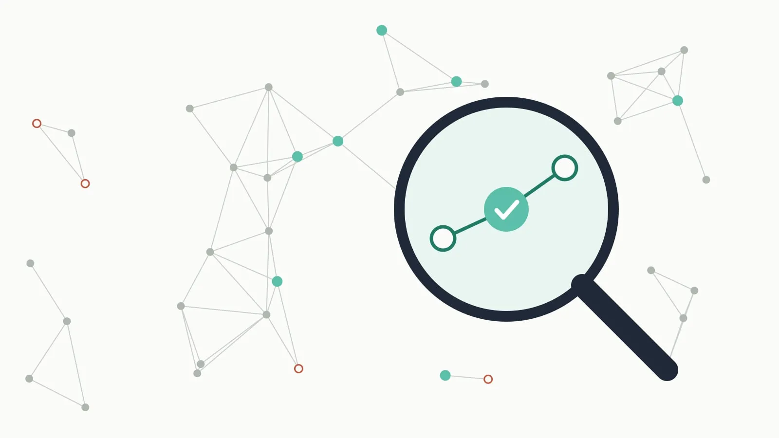 Lupe über einem Netz aus Links, in der Linse ein geprüfter Backlink mit Häkchen