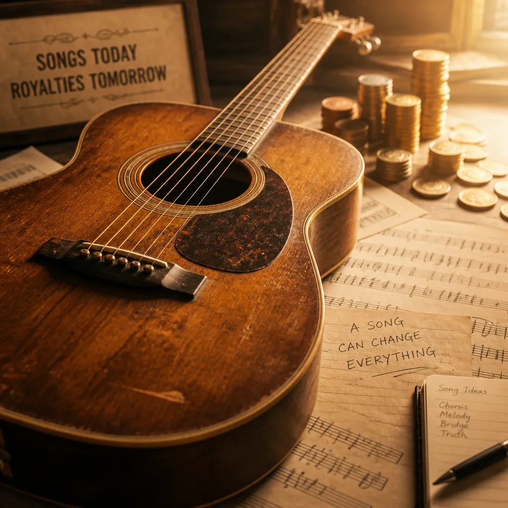 Gitarre auf Notenblättern mit Münzen im Hintergrund als Symbol für Songwriter-Tantiemen und Vermögen