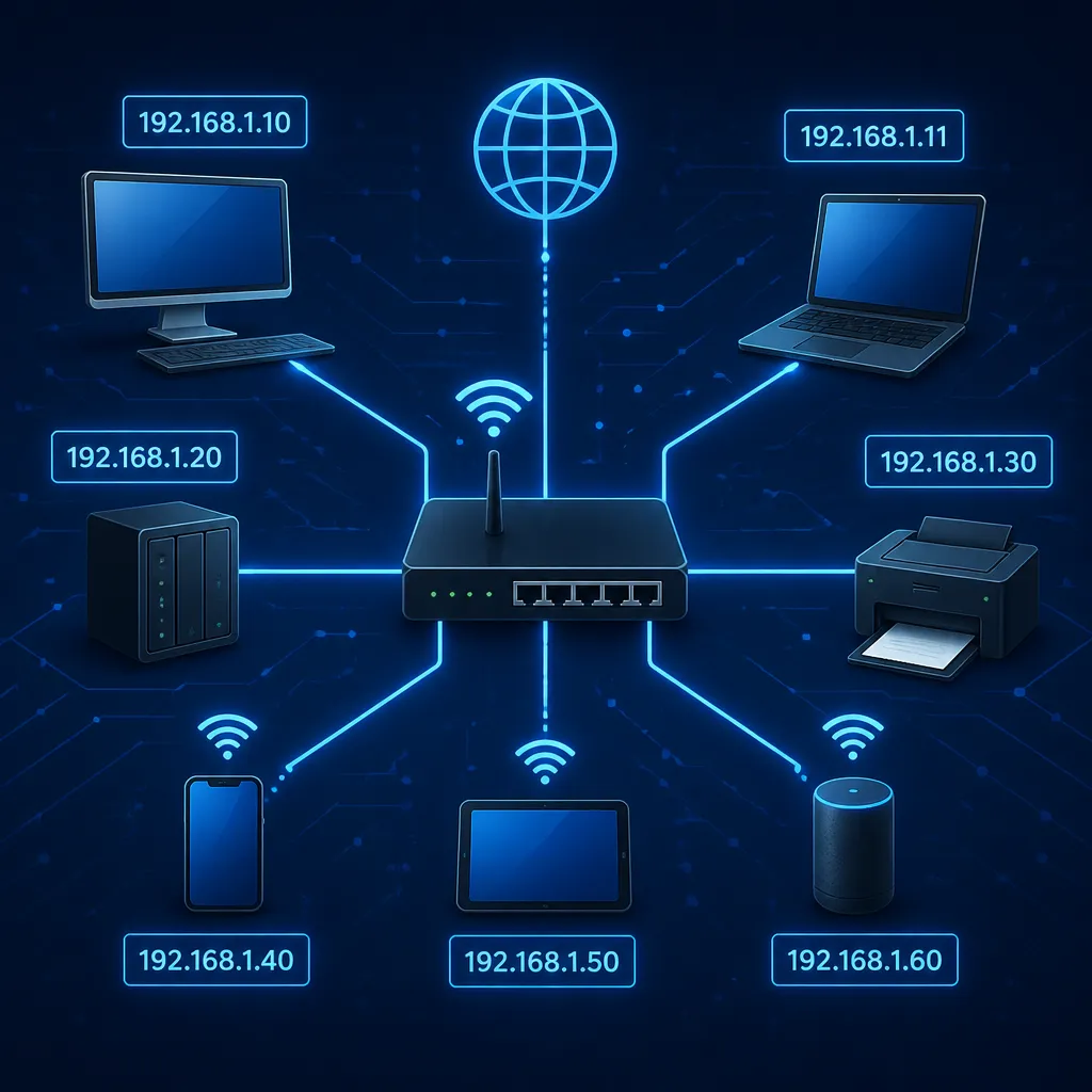 Netzwerkgeräte mit IP-Adressen symbolisch dargestellt in einem lokalen Netzwerk